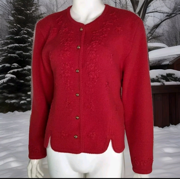 Red Womens M Sweater Boiled Wool Cardigan Classic Style - Picture 1 of 12